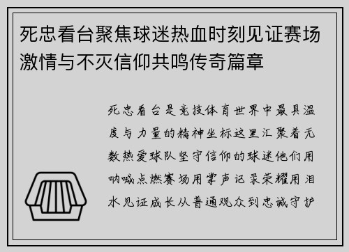 死忠看台聚焦球迷热血时刻见证赛场激情与不灭信仰共鸣传奇篇章